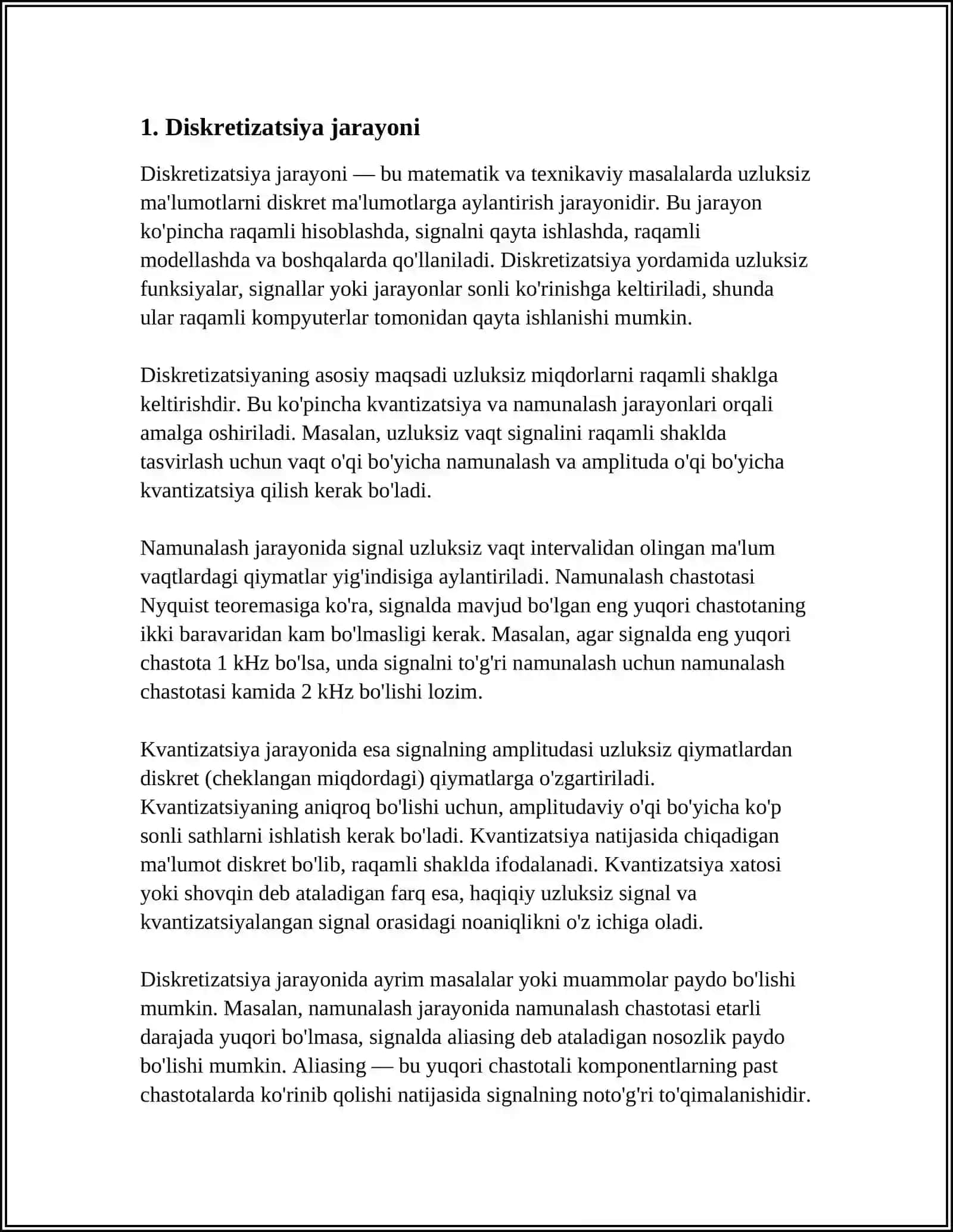 UZLUKSIZ SIGNALLARNI BIR XIL ORALIQLARDA DISKRETIZATSIYALASH 4