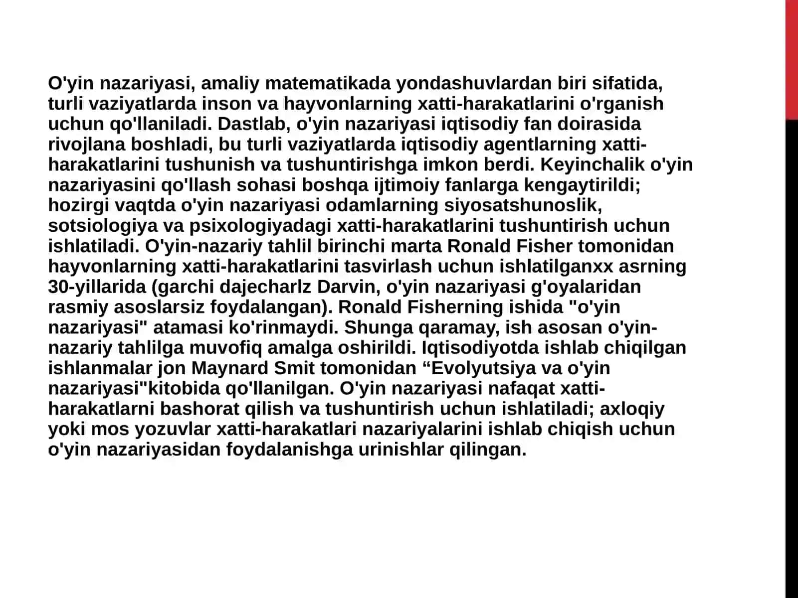 Jamiyat  hayotining  turli  sohalarida   o`yin  nazariyasining  qo`llanilishi 4