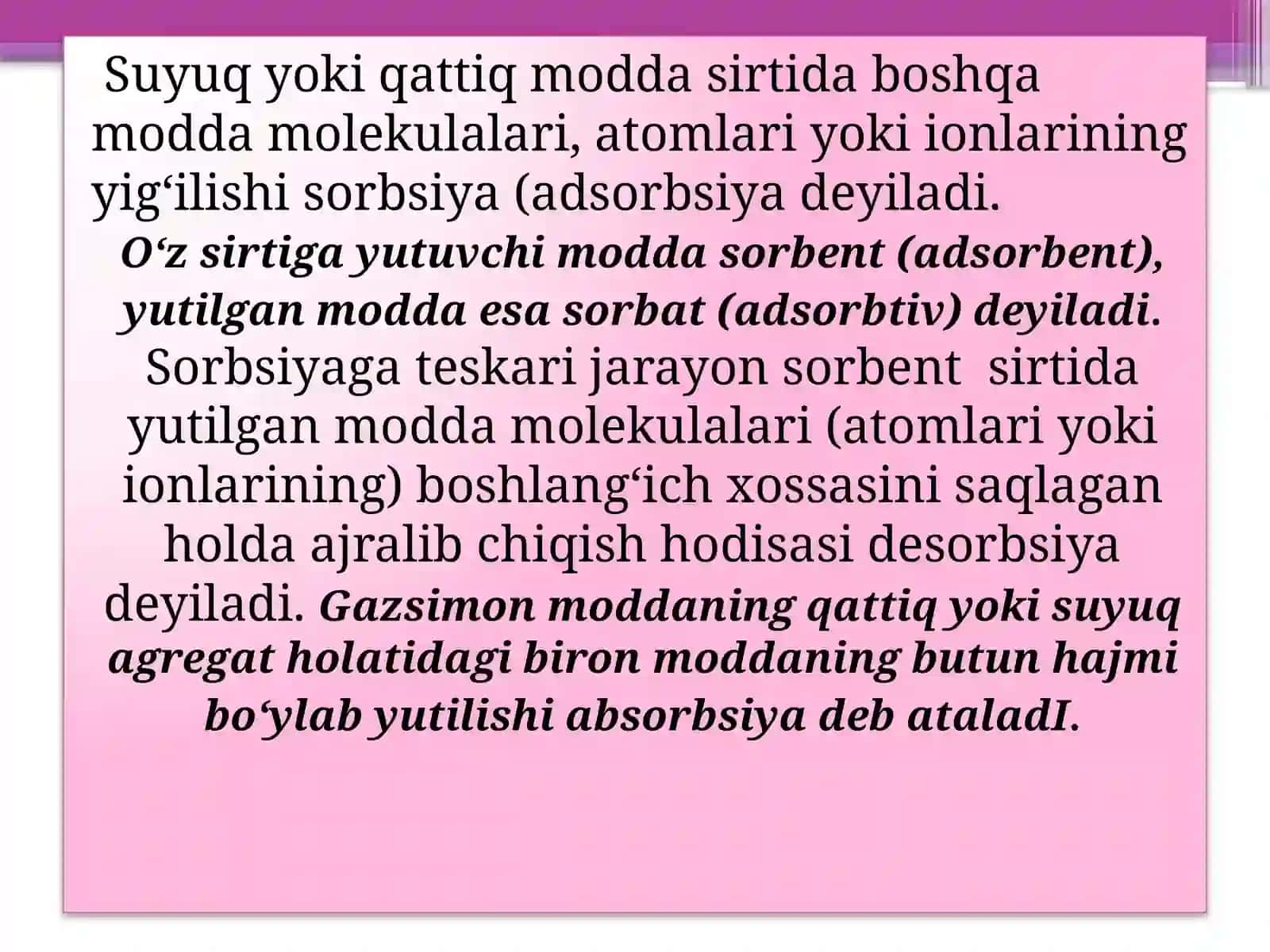 Biokimyo fanidan Sirtxodisalar va adsorbsiya, 25-2 guruh 4