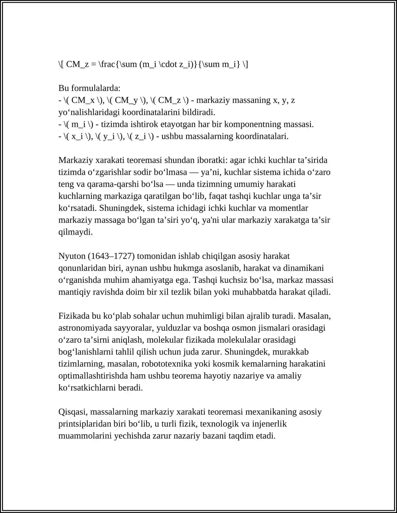 SISTEMA MASSA MARKAZI XARAKATI XAQIDAGI TEOREMADAN FOYDALANIB MASALALAR YECHISH 4