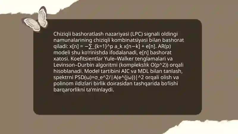 Adaptiv filterlar Chiziqli bashoratlash 4
