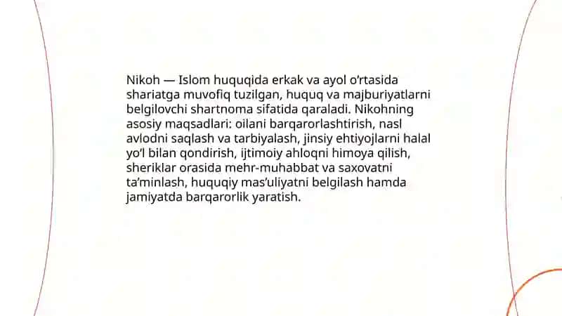 Islom huquqshunosligidagi oila, nikoh, taloq, iddao, zihor tushunchalarni tariflash 4