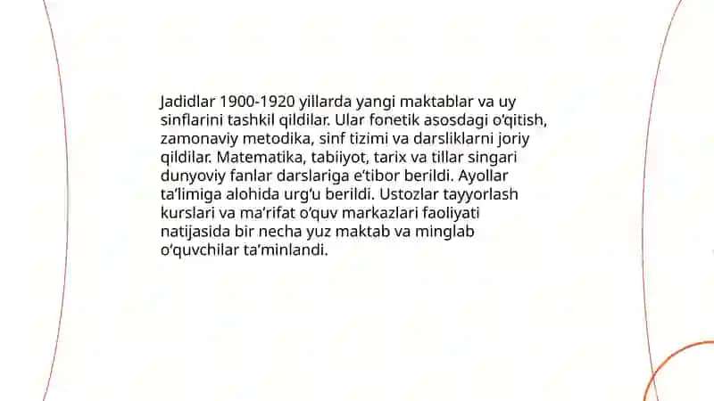 Jadid ma'rifatparvarlarning oʻlka Ijtimoiy ma'naviy hayotida tutgan oʻrni 4