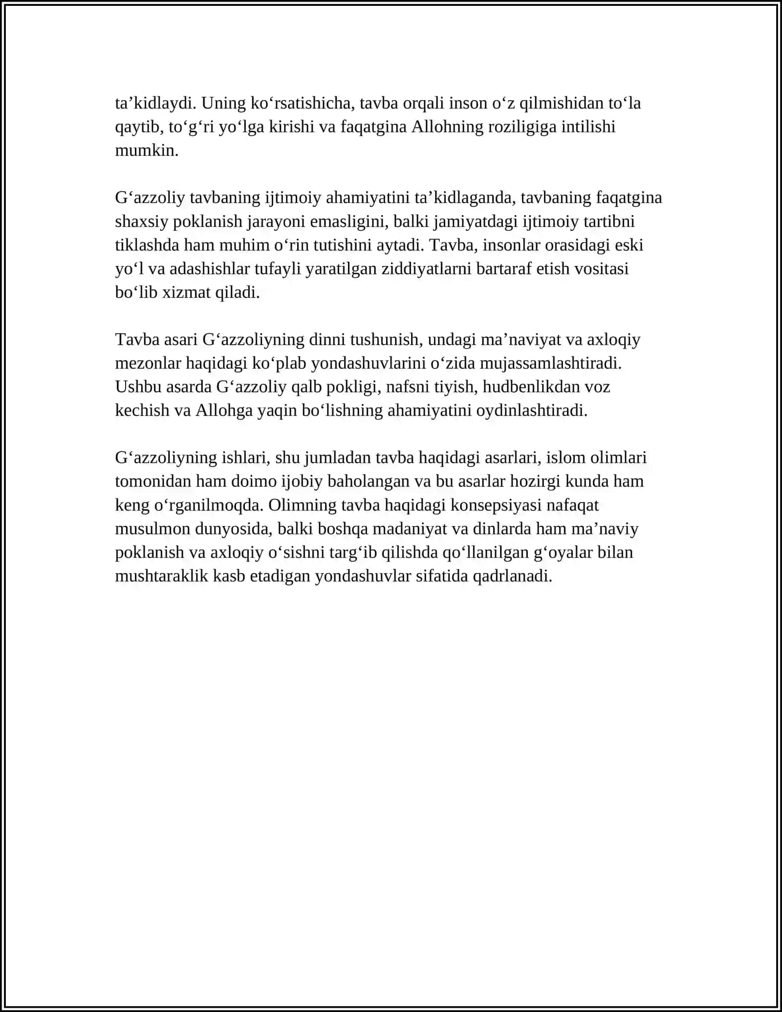 GʻAZZOLIYNING TAVBA ASARI ASOSIDA "DIN VA AXLOQ"MAVZUSIDA MUSTAQIL ISH TAYYORLASH 4
