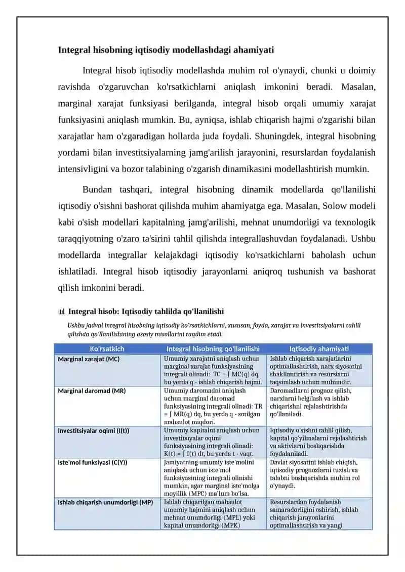 Integral hisobning iqtisodiy ko'rsatkichlarni tahlil qilishdagi qo'llanilishi: Kirish 4