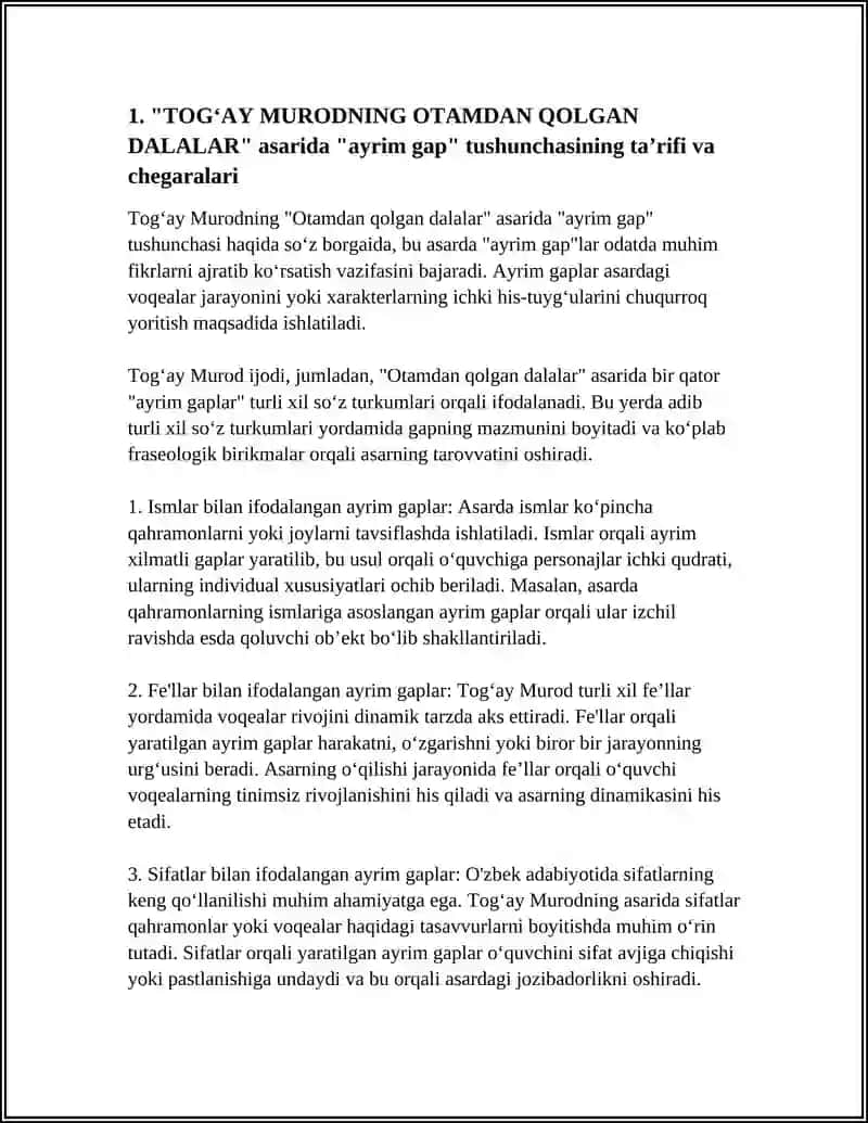 TOGʻAY MURODNING OTAMDAN QOLGAN DALALAR ASARIDAGI AYRIM GAPLARNING QAYSI SOʻZ TURKUMI BILAN IFODALANISHINI IZOHLASH, TUZILISHIGA KOʻRA TURINI ANIQLASH 4