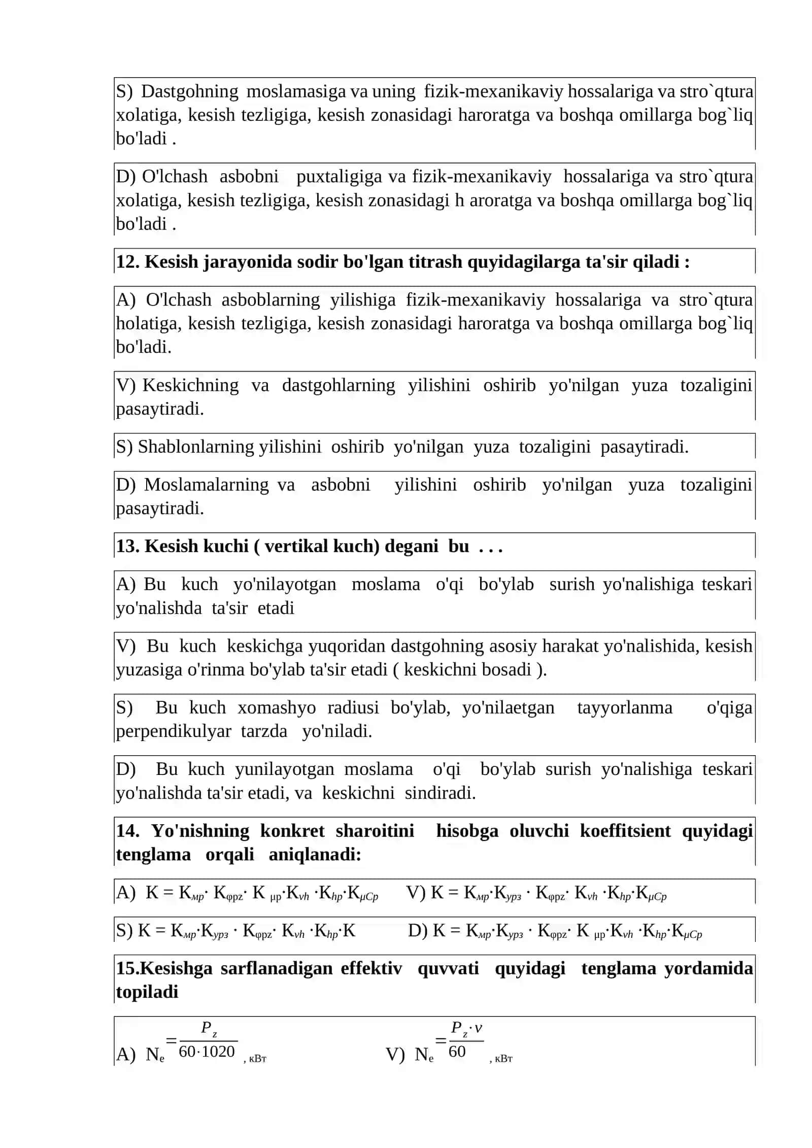 «Kesish nazariyasi asoslari va asboblari» fanidan T E S T VARIANT-1 4