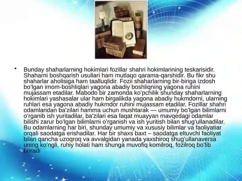 "Fozil odamlar shahri" asari talimiy axloqiy ahamiyati 4