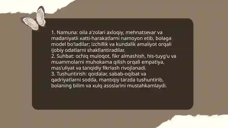 Oila tarbiyasi shakl, metod va vositalari. Oila va uning vazifalari. 4