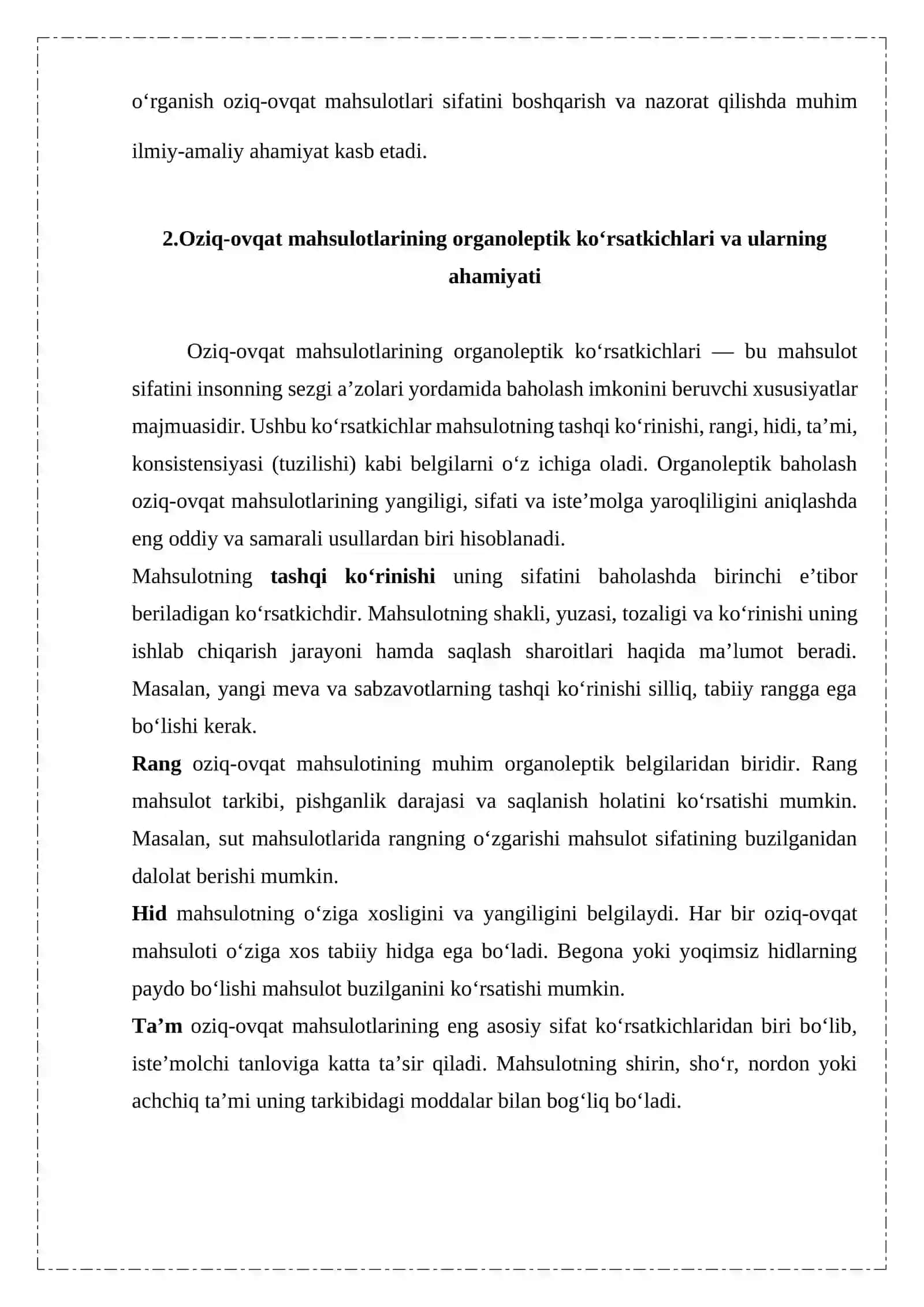 Oziq ovqat mahsulotlari organileptik va fizik kimyoviy ko’rsatkichlari. 4
