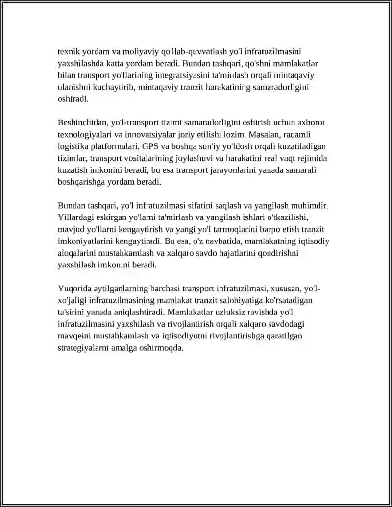 YO‘L-XO’JALIGINING MAMLAKAT TRANZIT SALOHIYATIDA TUTGAN O’RNI 4