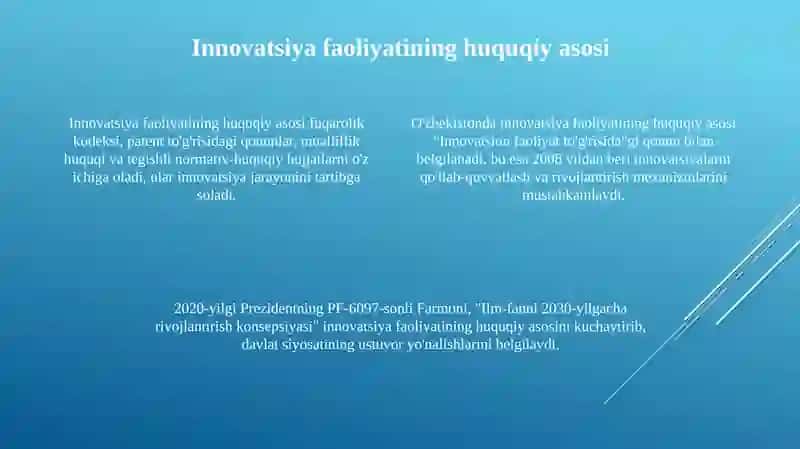 Innovasion faoliyatni tartibga solish sohasida davlat siyosati va dastaklari 4