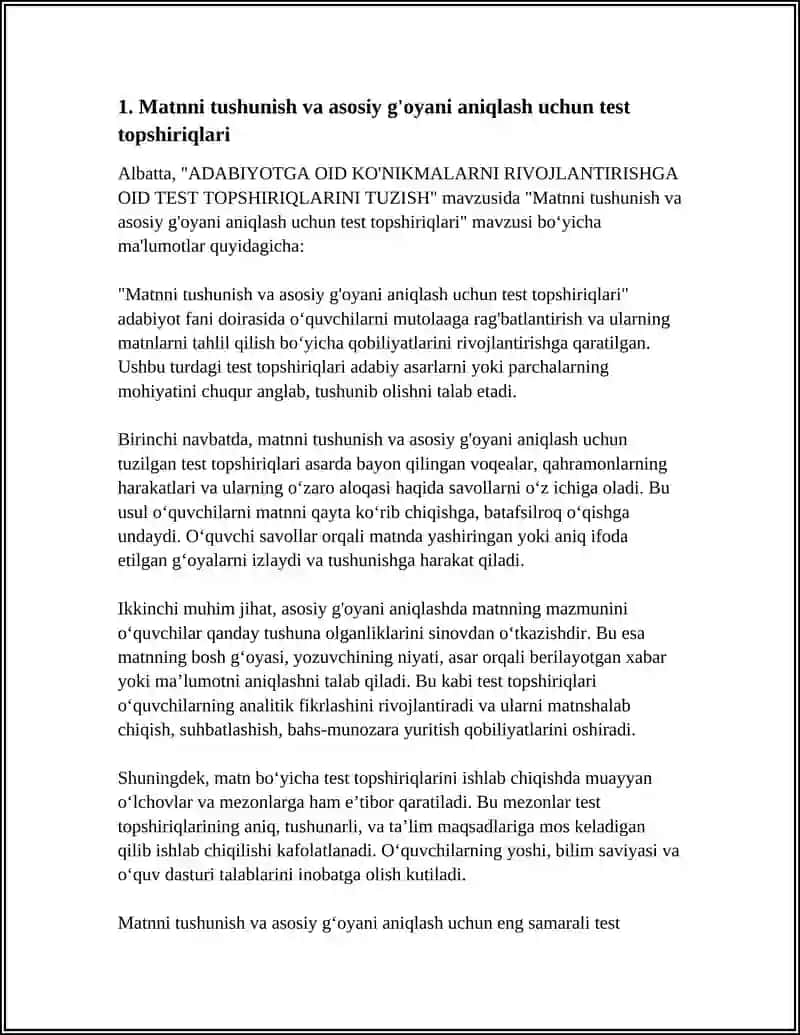 Matnni tushunish va asosiy g'oyani aniqlash uchun test topshiriqlari 4