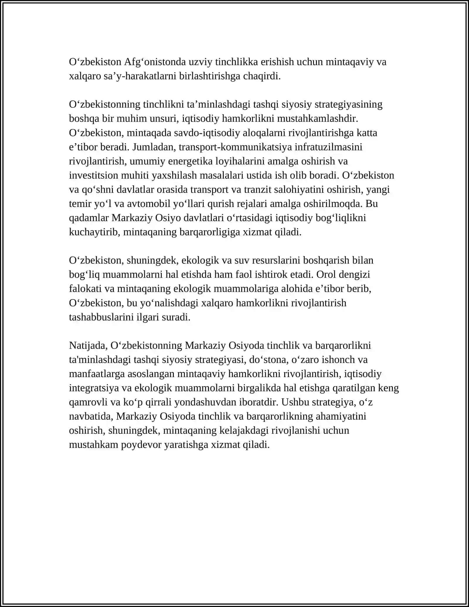 O‘zbekistonning Markaziy Osiyoda Tinchlik va Barqarorlikni Ta’minlashdagi O‘rni 4