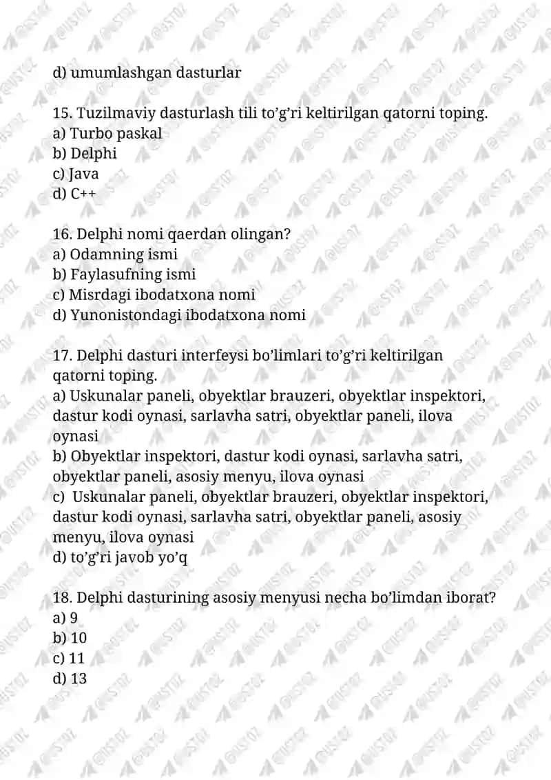 11-SINF INFORMATIKA FANIDAN MAKTAB BOSQICH OLIMPIADA SAVOLLARI 4