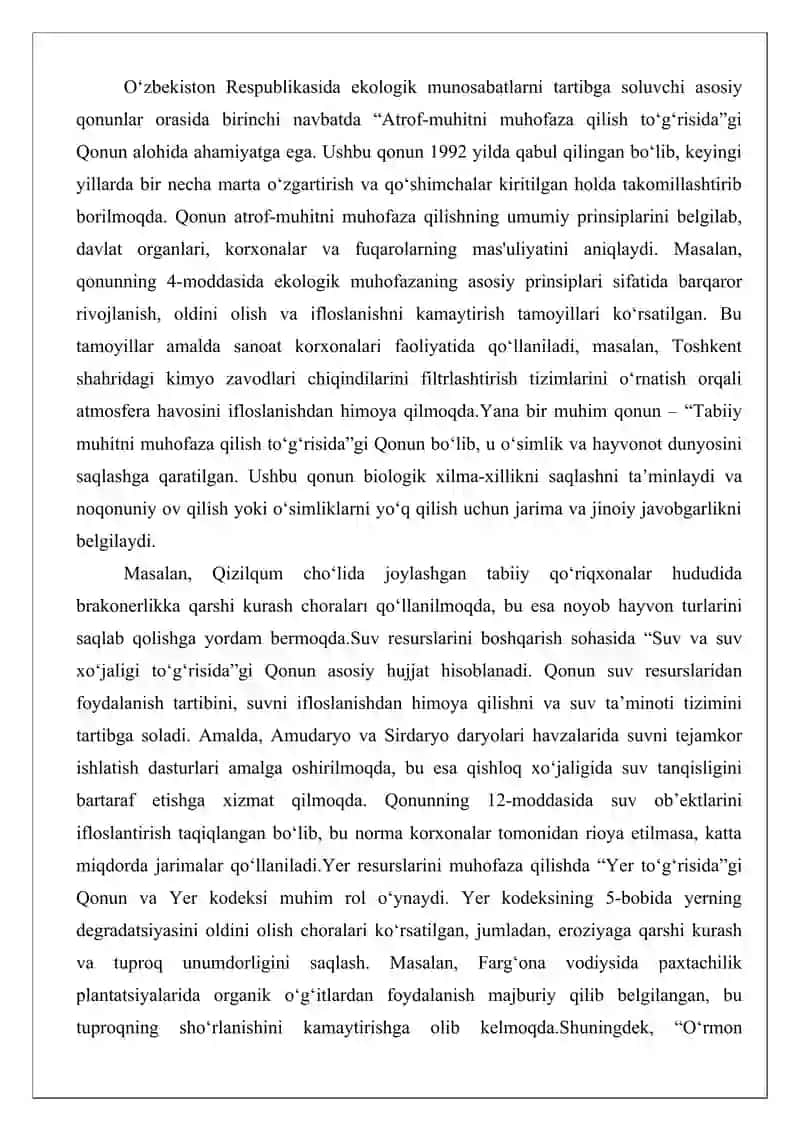 Ekologiya huquqining maxsus manbasi sifatida O‘zbekiston Respublikasi qonunlari 4