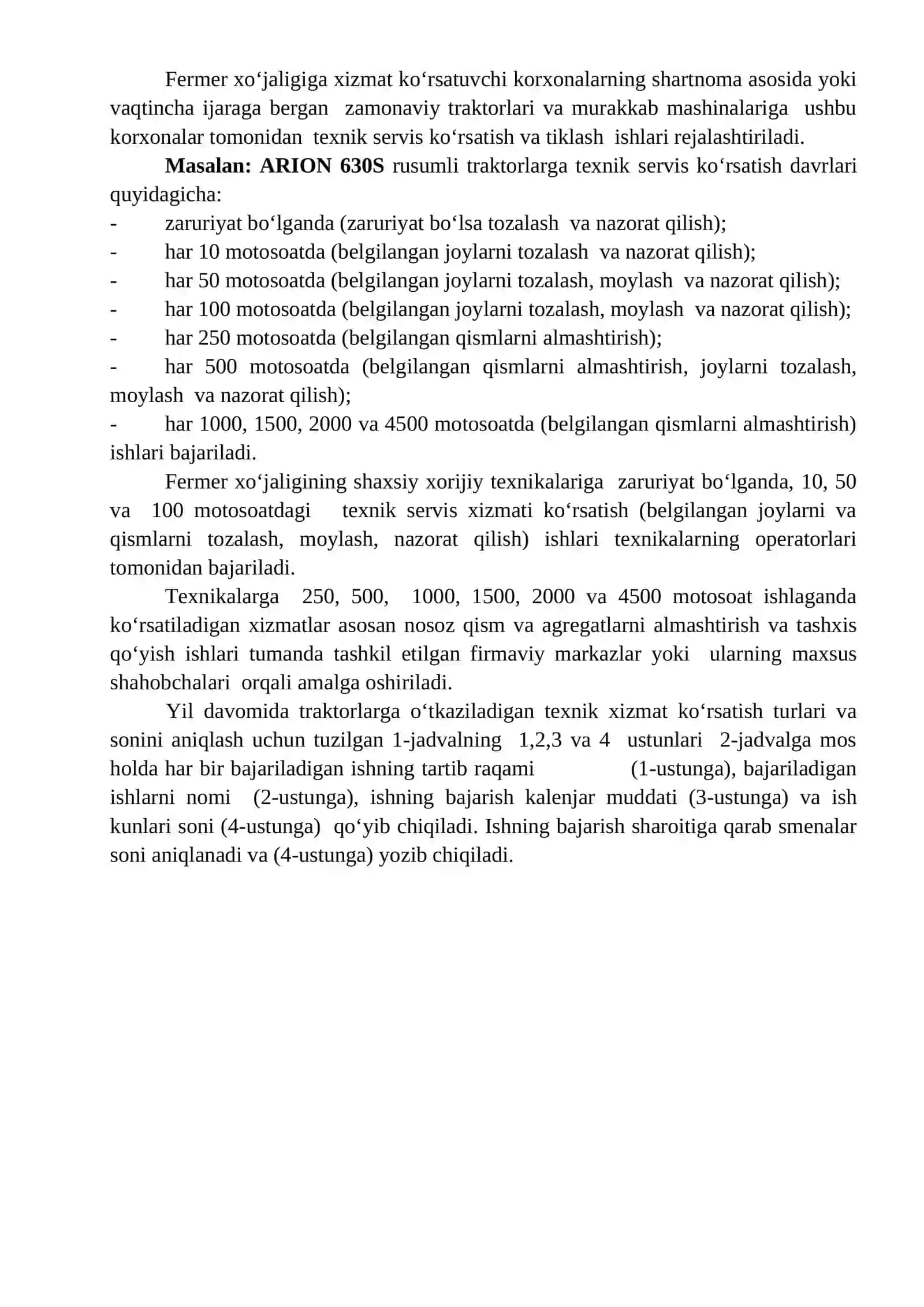 Xo‘jalikdagi mavjud xorijiy va MDX texnikalariga TXK va TS ishlarini rejalashtirish 4
