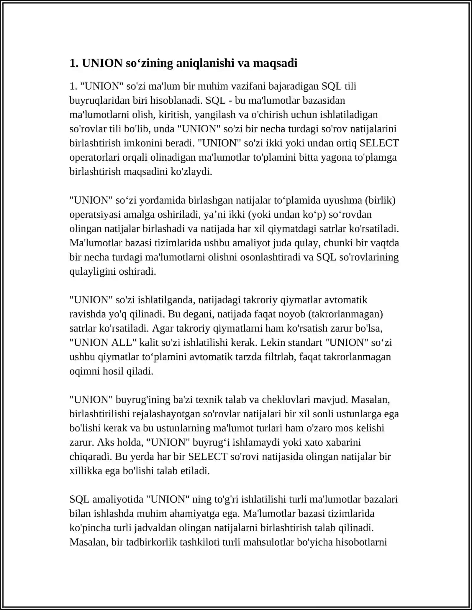 UNION, INTERSECT VA MINUS STANDART SO'ZLARI 4
