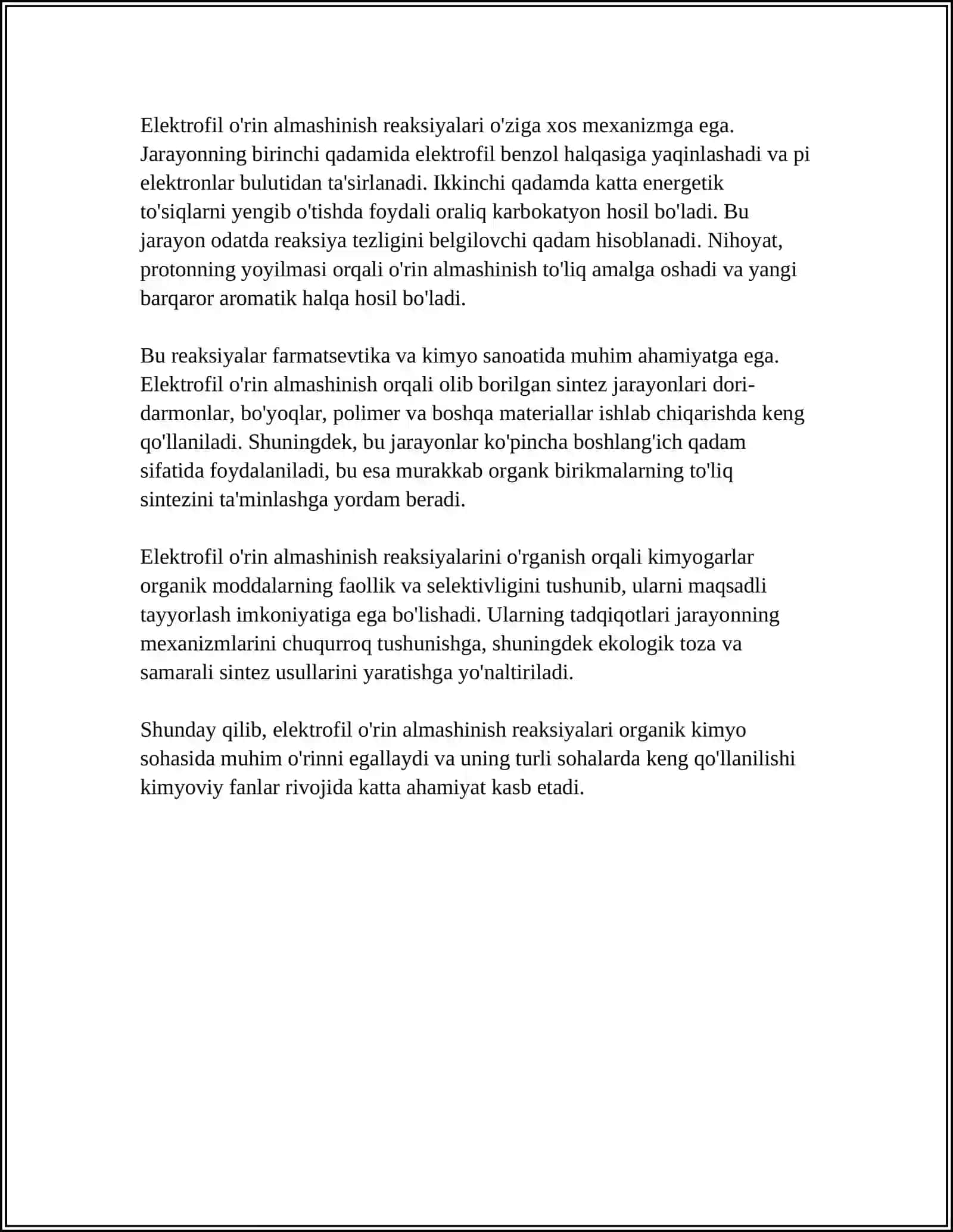 AROMATIK UGLEVODORODLARDA ELEKTROFIL O'RIN ALMASHINISH REAKSIYALARI 4