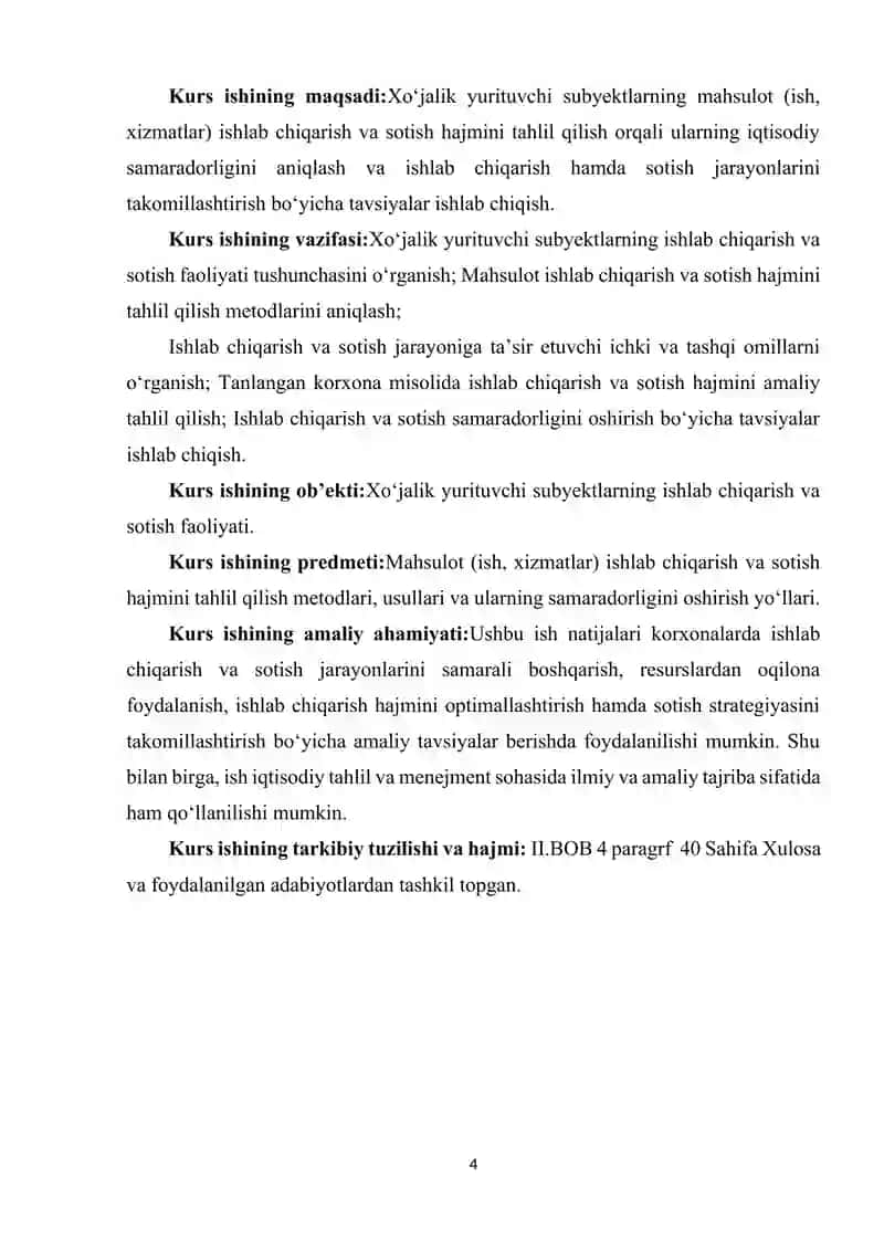 XO’JALIK YURITUVCHI SUBYEKTLARNING MAXSULOT (ISH,XIZMATLAR) ISHLAB CHIQARISH VA SOTISH HAJMINI TAHLILI. 4