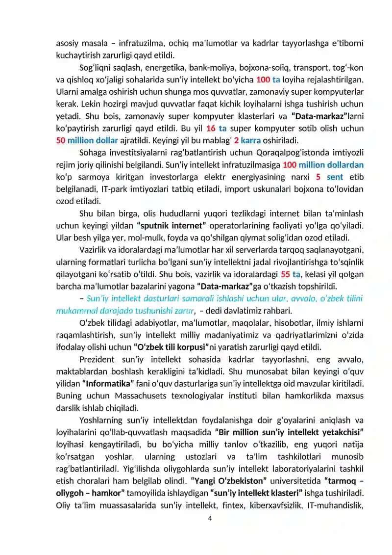 OʻZBEKISTON RESPUBLIKASINING SIYOSIY – IJTIMOIY, IQTISODIY HAYOTIDA HAFTA DAVOMIDA RO‘Y BERGAN VOQEALAR YUZASIDAN “MA’RIFAT DARSI” MASHGʻULOTLARINI OʻTKAZISH UCHUN MAʼLUMOT 4