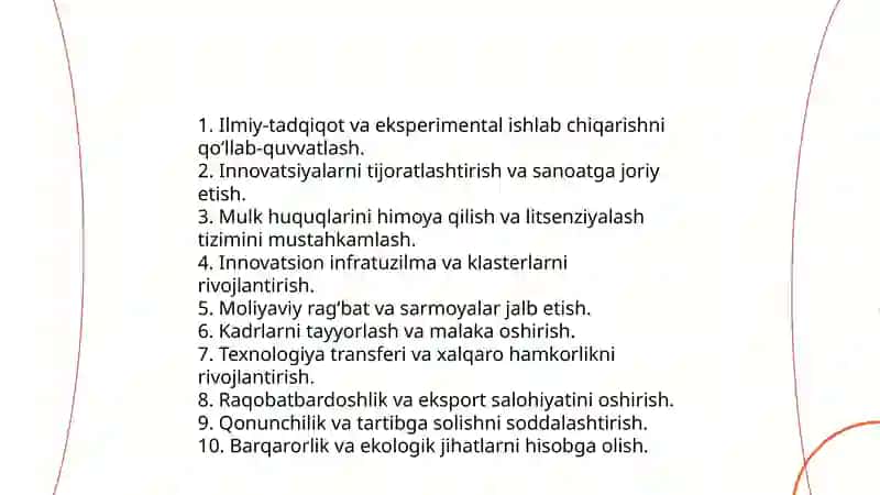 Innovatsiya siyosati: maqsadi, vazifalari, amalga oshirish dastaklari va yoʻnalishlari 4
