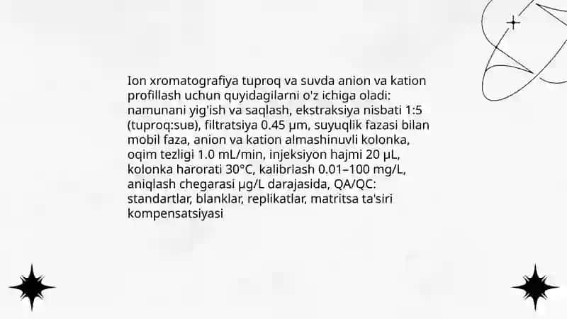 Tuproq va suvdagi ion bog‘lanishli ifloslantiruvchi moddalarni aniqlash va ekologik xavfsiz tozalash usullari 4