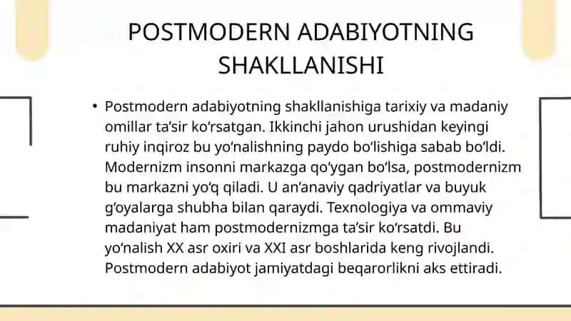 POSTMODERN ADABIYOT: XUSUSIYATLARI VA VAKILLARI 4