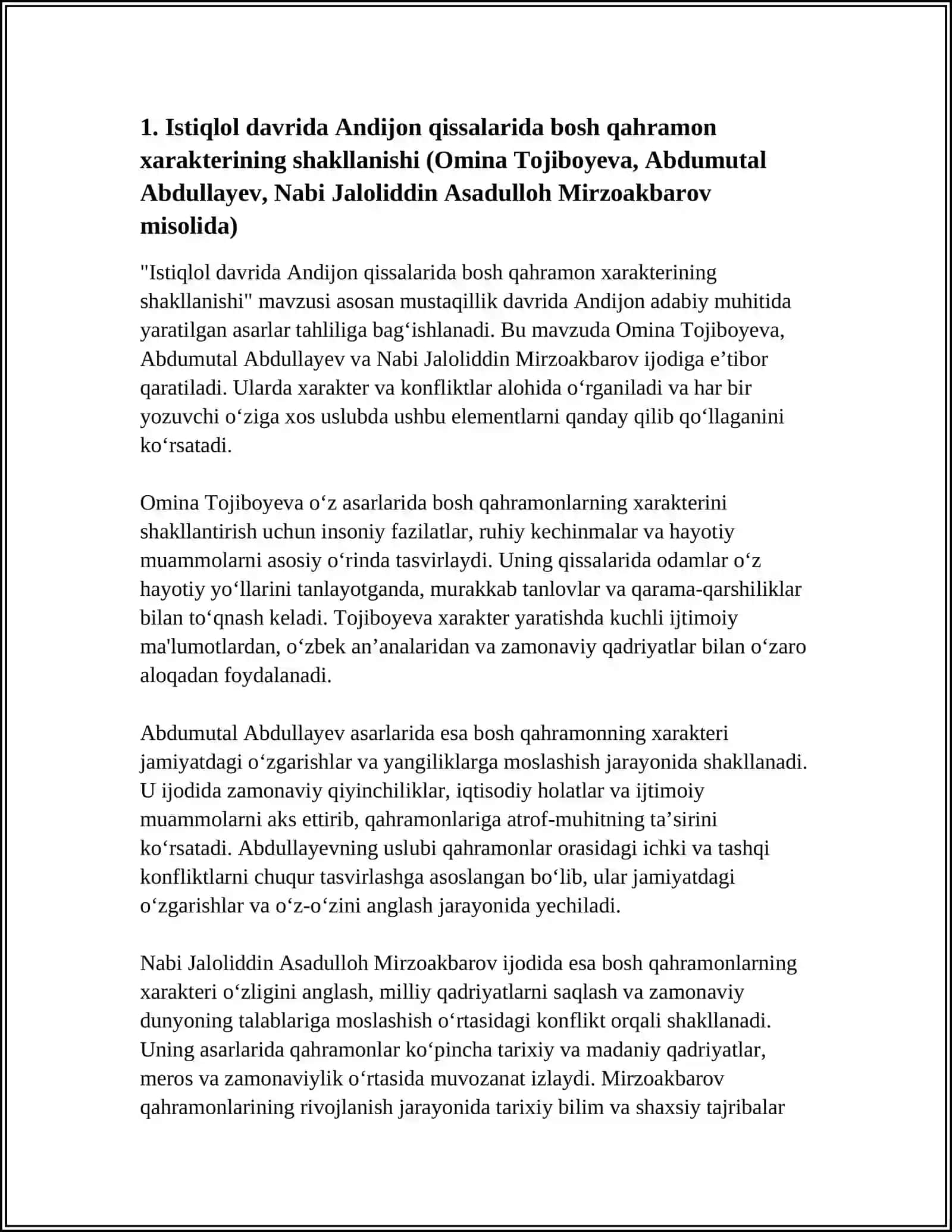 İSTIQLOL DAVRIDA YARATILGAN QISSALARDA XARAKTER VA KONFLIKT ANDIJON ADABIY MUHITI VAKILLARI OMINA TOJIBOYEVA ABDUMUTAL ABDULLAYEV NABI JALOLIDDIN ASADULLOH MIRZOAKBAROV IJODI MISOLIDA 4