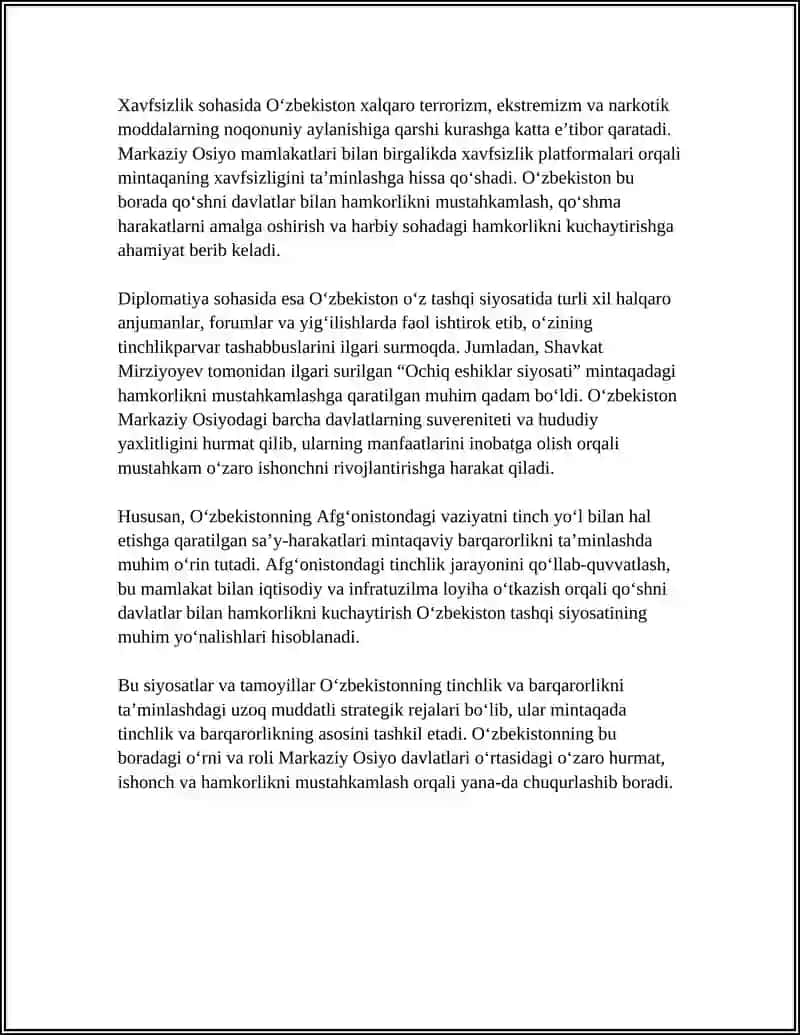 Oʻzbekistonning Markaziy Osiyoda Tinchlik va Barqarorlikni Ta'minlashdagi O'rni 4