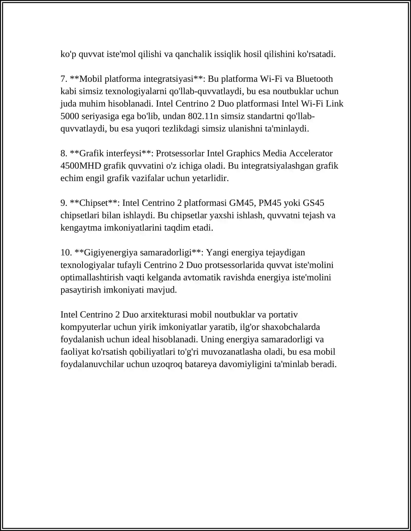 CENTRINO 2 DUO PROTSESSORINING XUSUSIYATLARI VA TARKIBIY FUKTSIONAL TASHKIL ETILISHI MAVZUSIDA MUSTAQIL ISHI 4
