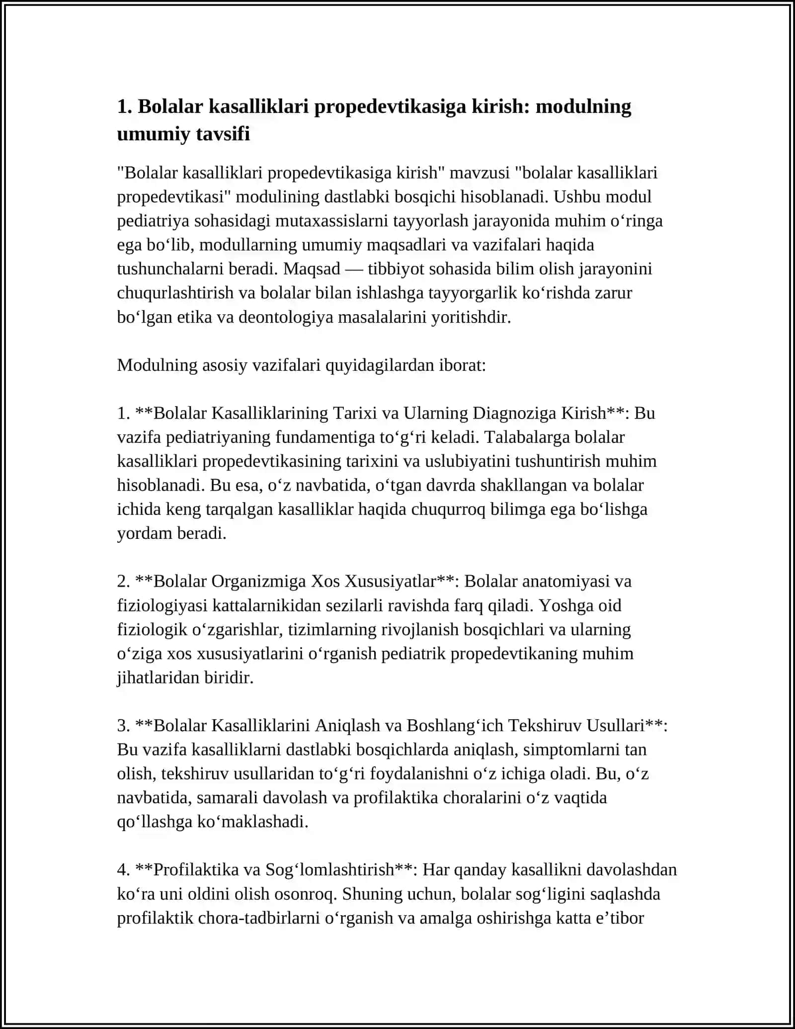BOLALAR KASALLIKLARI PROPEDEVTIKASIGA KIRISH, MODULNING MAQSAD VA VAZIFALARI 4