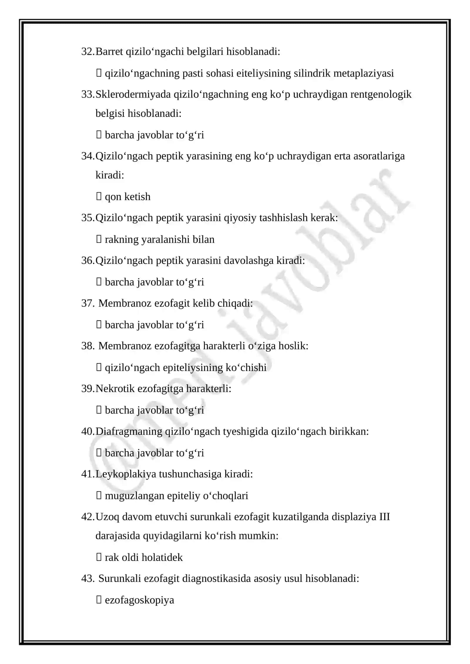 Gastroenterologiya mutaxassisligi boʻyicha shakllantirilgan test savollari roʻyxati 4