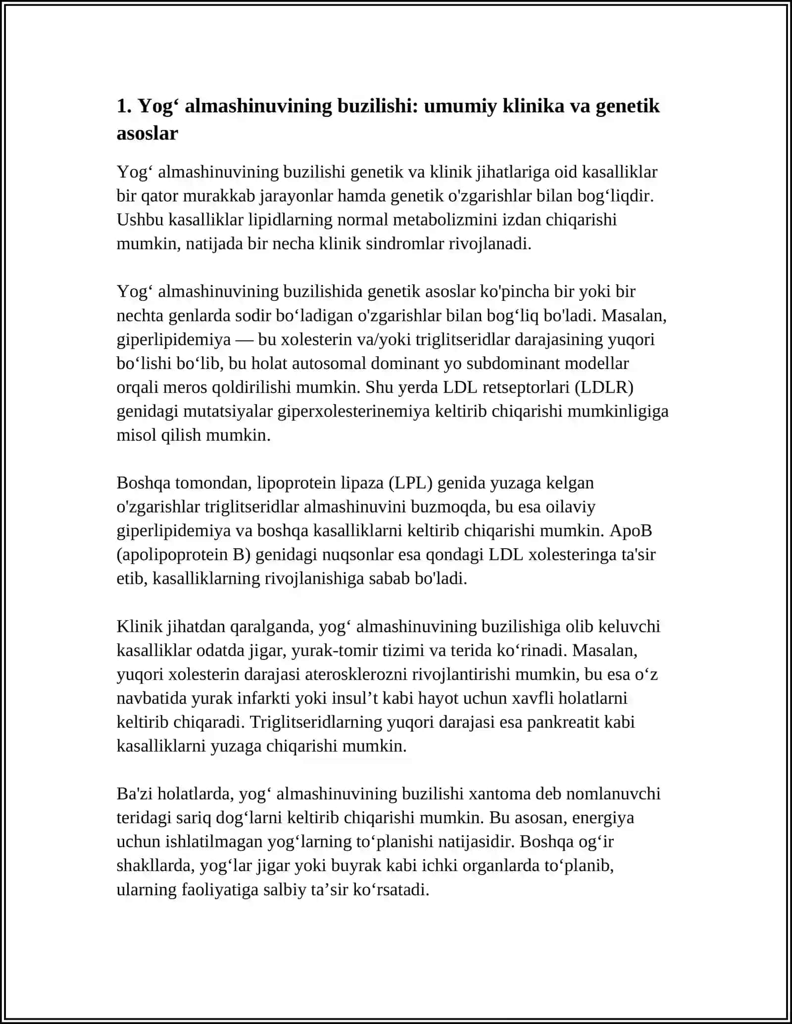 YOGʻLAR ALMASHINUVINI BUZILISHI BILAN BOGʻLIQ KASALLIKLAR.GEN KASALLIKLARI KLINIKASI ETIOLOGIYASI PATOGENEZI 4