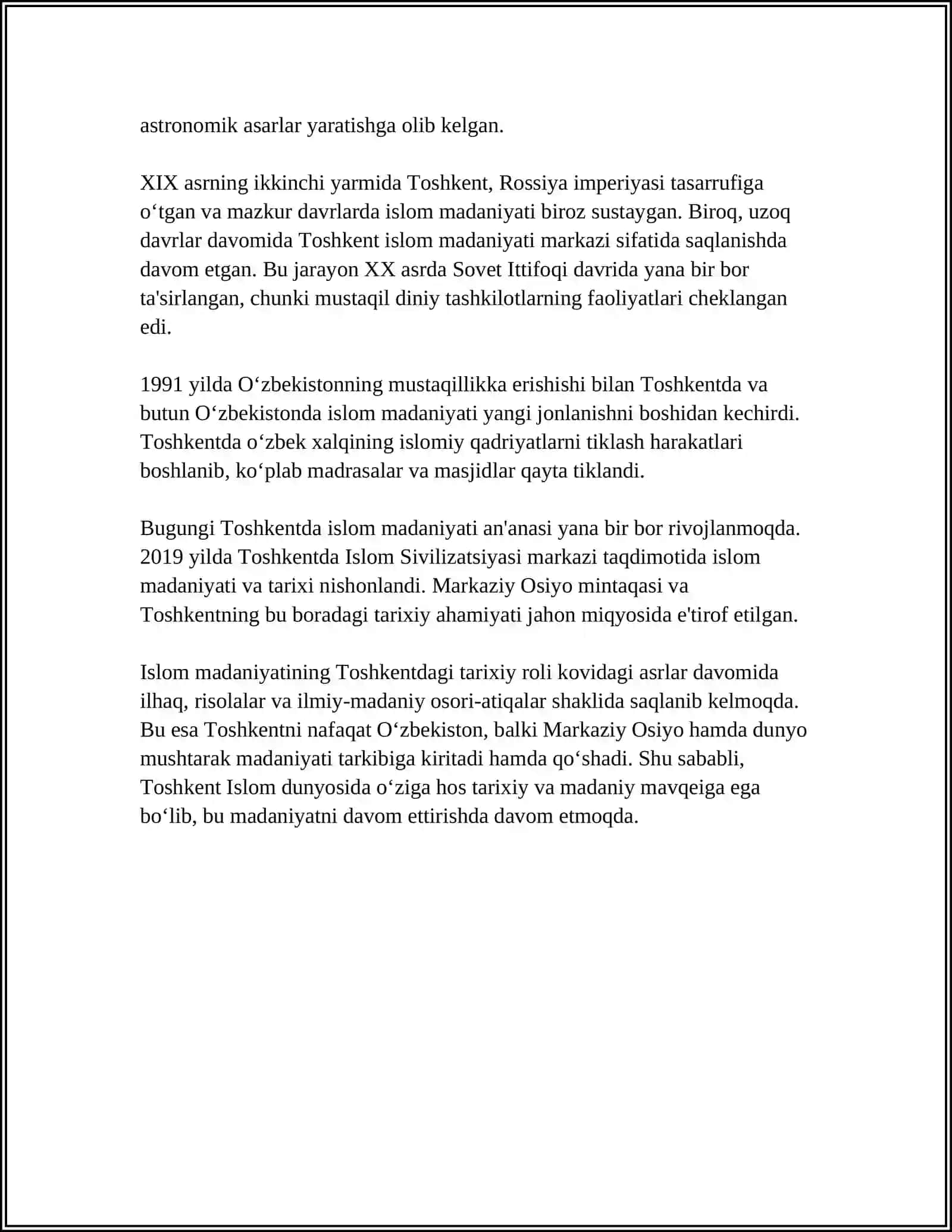 MUSTAQIL ISH Mavzu: 2007-YIL TOSHKENT -ISLOM MADANIYATI POYTAXTI DEB EʼLON QILINISHINING MAZMUNINI VA MOHIYATI 4