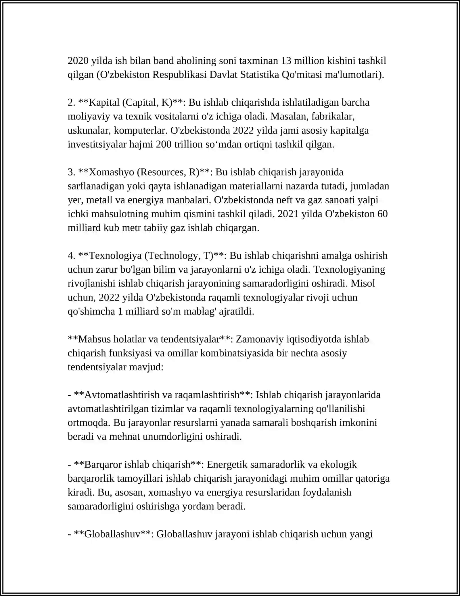 Ishlab chiqarish funksiyasi va omillar kombinatsiyasi 4