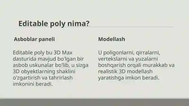 Polygonal modellashtirish Editable Poly bilan ishlash vertex edge polygon. Extrude Bevel Inset kabi asosiy tahrirlash vositalari. 4