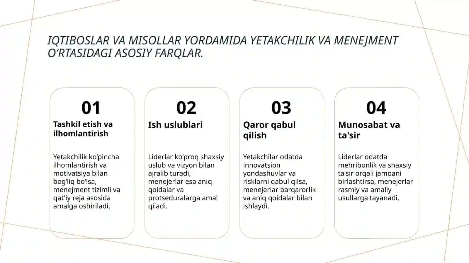 Yetakchilik va menejment: asosiy tushunchalar va farqlari 4