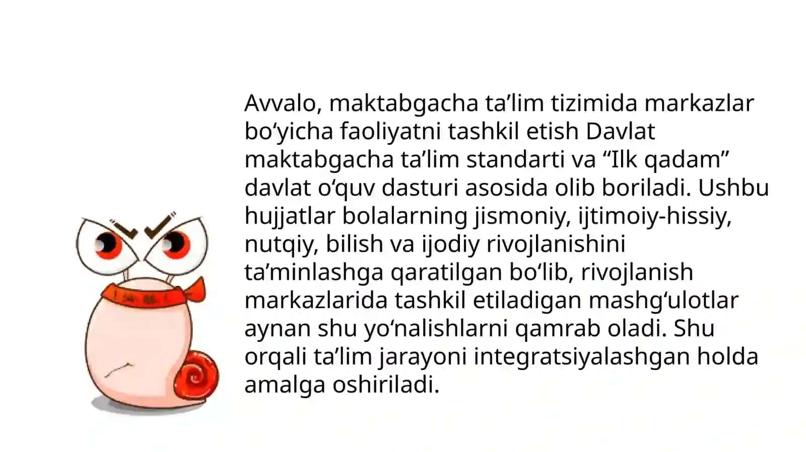 Maktabgacha talim tashkilotlarida markazlar bo‘yicha mashg‘ulotlarni tashkil etishni qo‘llashning me’yoriy-metodik asoslari. Mavzusida taqdimot 4