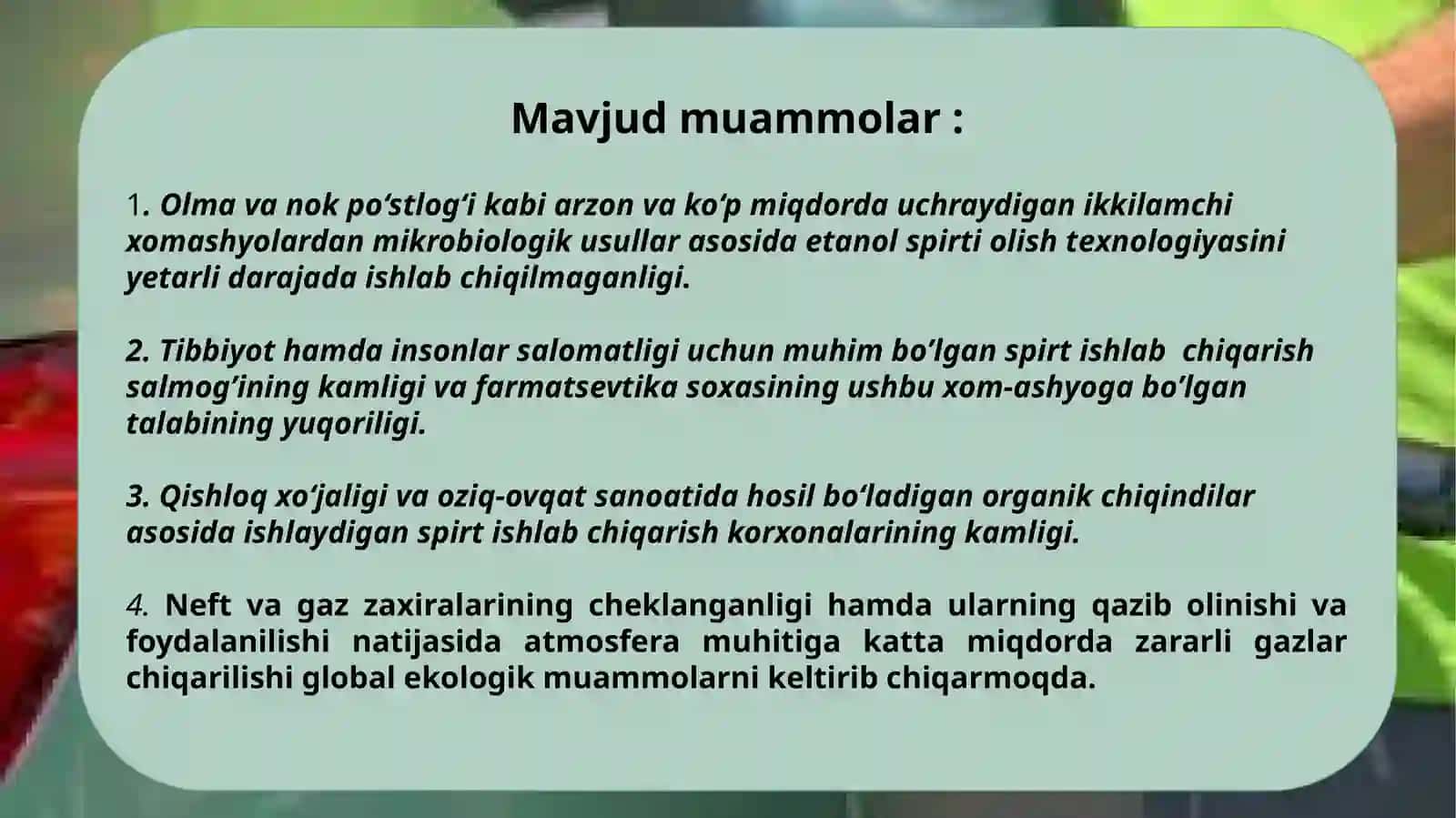 Sanoat va qishloq xo‘jalik chiqindilaridan bioetanol ishlab chiqarishning innovatsion texnologiyasini yaratish 4