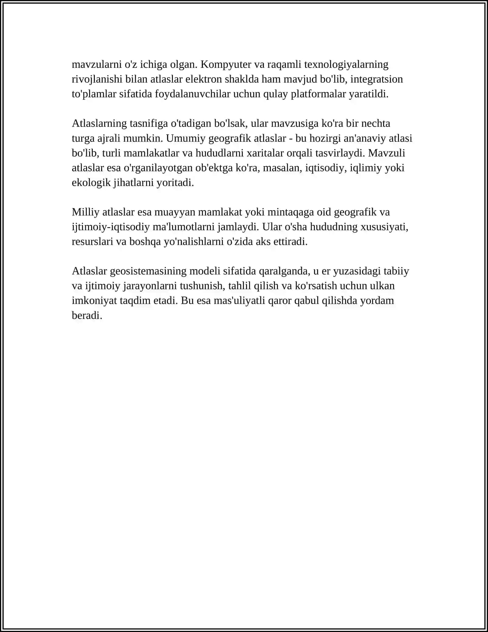 GEOGRAFIK ATLASLARNING TA'RIFI VA TASNIFI. MILLIY ATLASLAR. ATLAS GEOSISTEMASINING MODELI SIFATIDA 4
