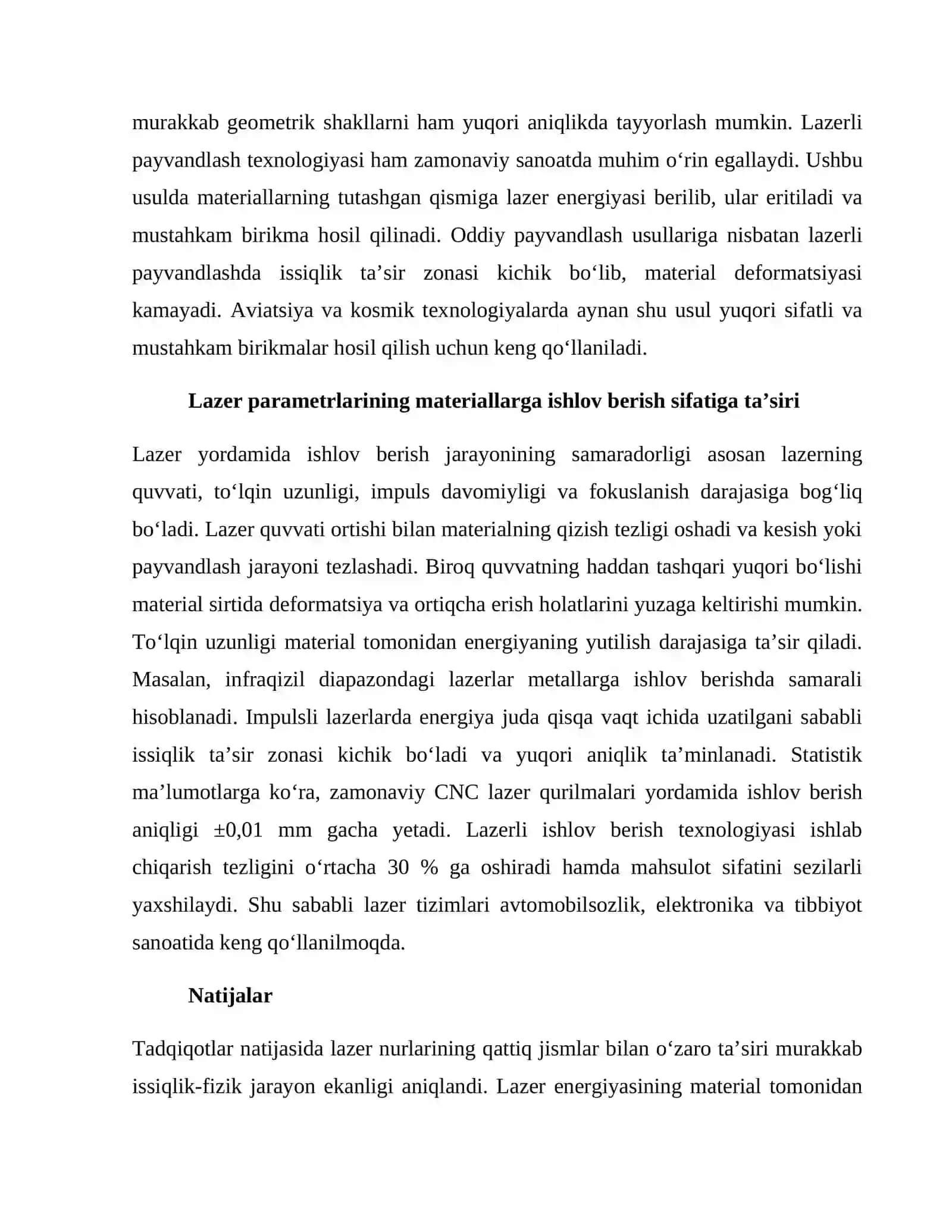 LAZER NURLARINING QATTIQ JISMLAR BILAN OʻZARO TAʼSIRI VA MATERIALLARGA ISHLOV BERISH FIZIKASI 4