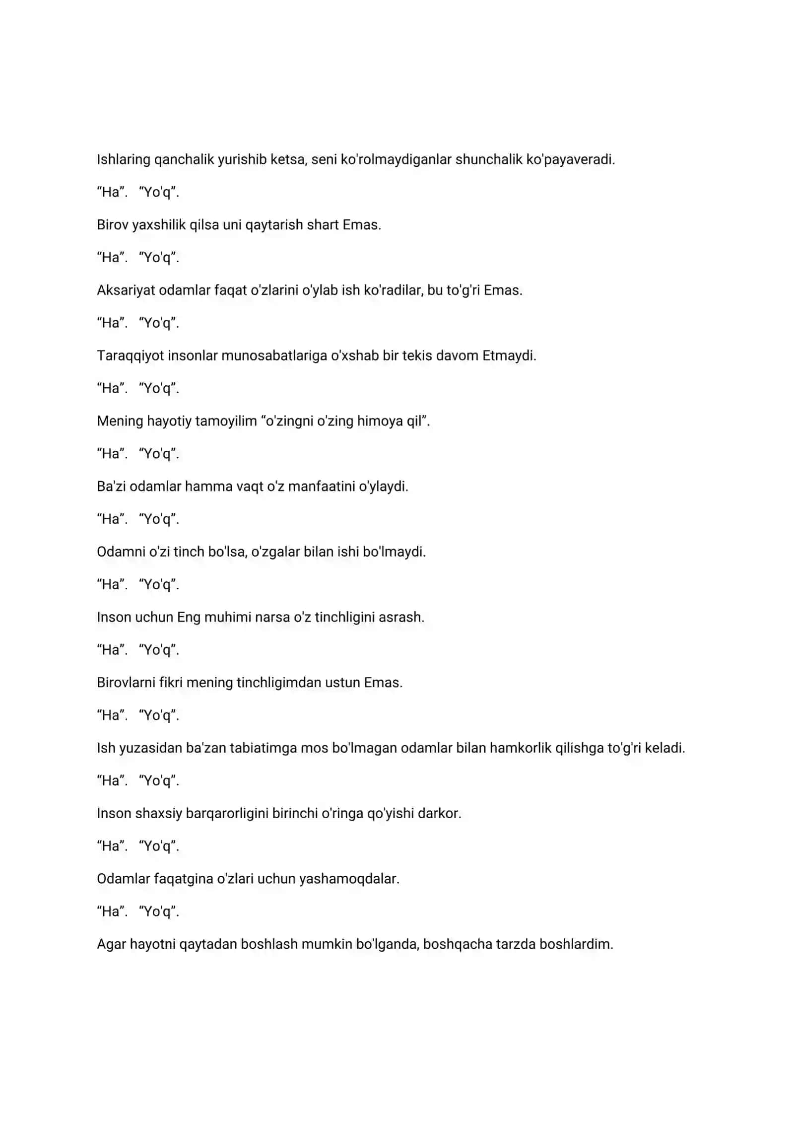 ISHKI ISHLARGA KIRUVCHILAR USHUN TESTLAR TOPLAMI 4