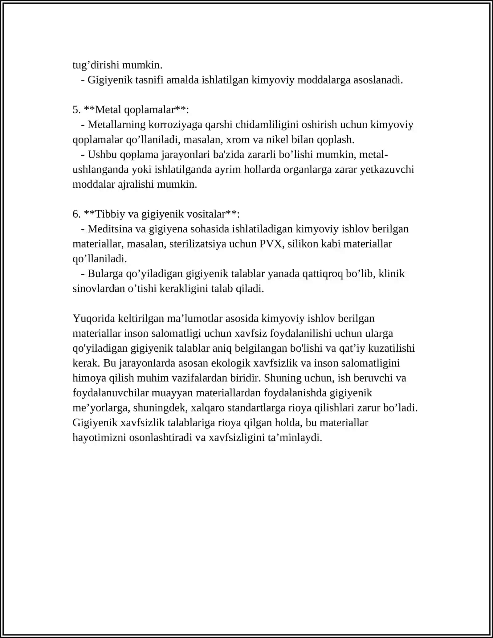 KIMYOVIY ISHLOV BERILGAN MATERIALLARNING GIGIYENIK KOʻRSATKICHLAR VA ELEKTR XUSUSIYATLARINI SOLISHTIRISH 4