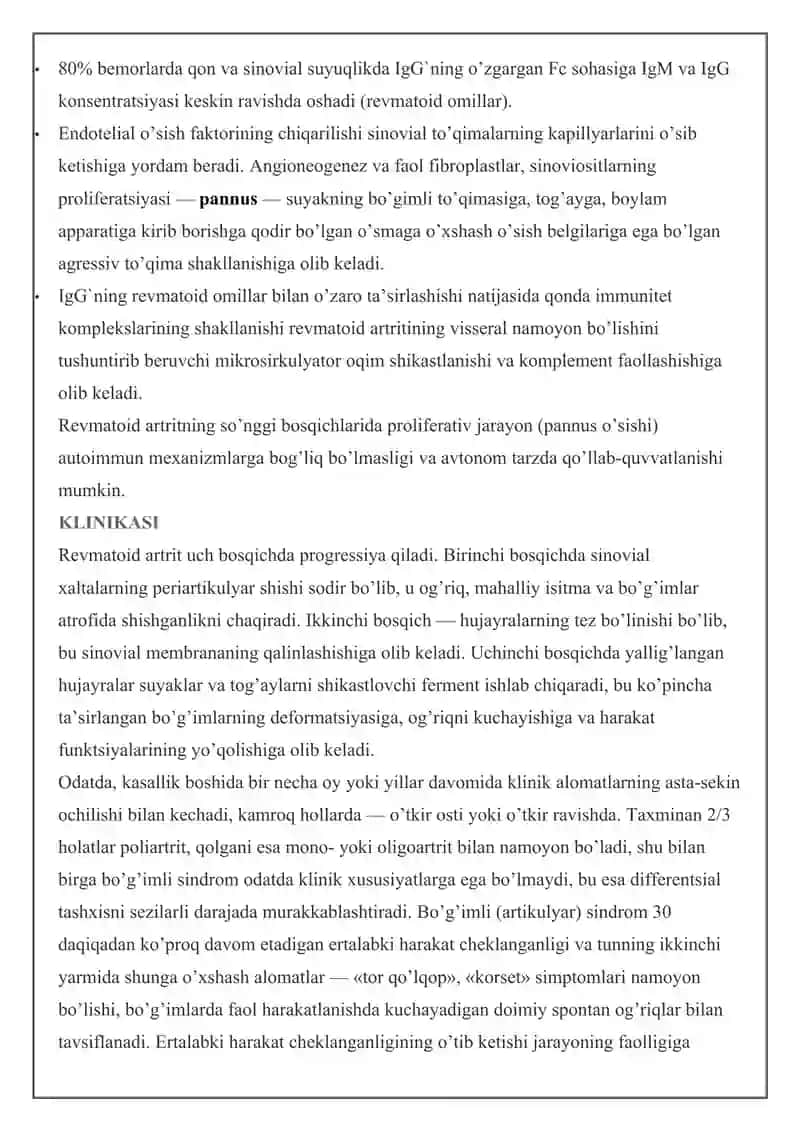 REVMATOID ARTRIT — ETIOLOGIYASI, KLINIKASI, TASNIFI, TASHXISLASH VA DAVOLASH USULLARI 4