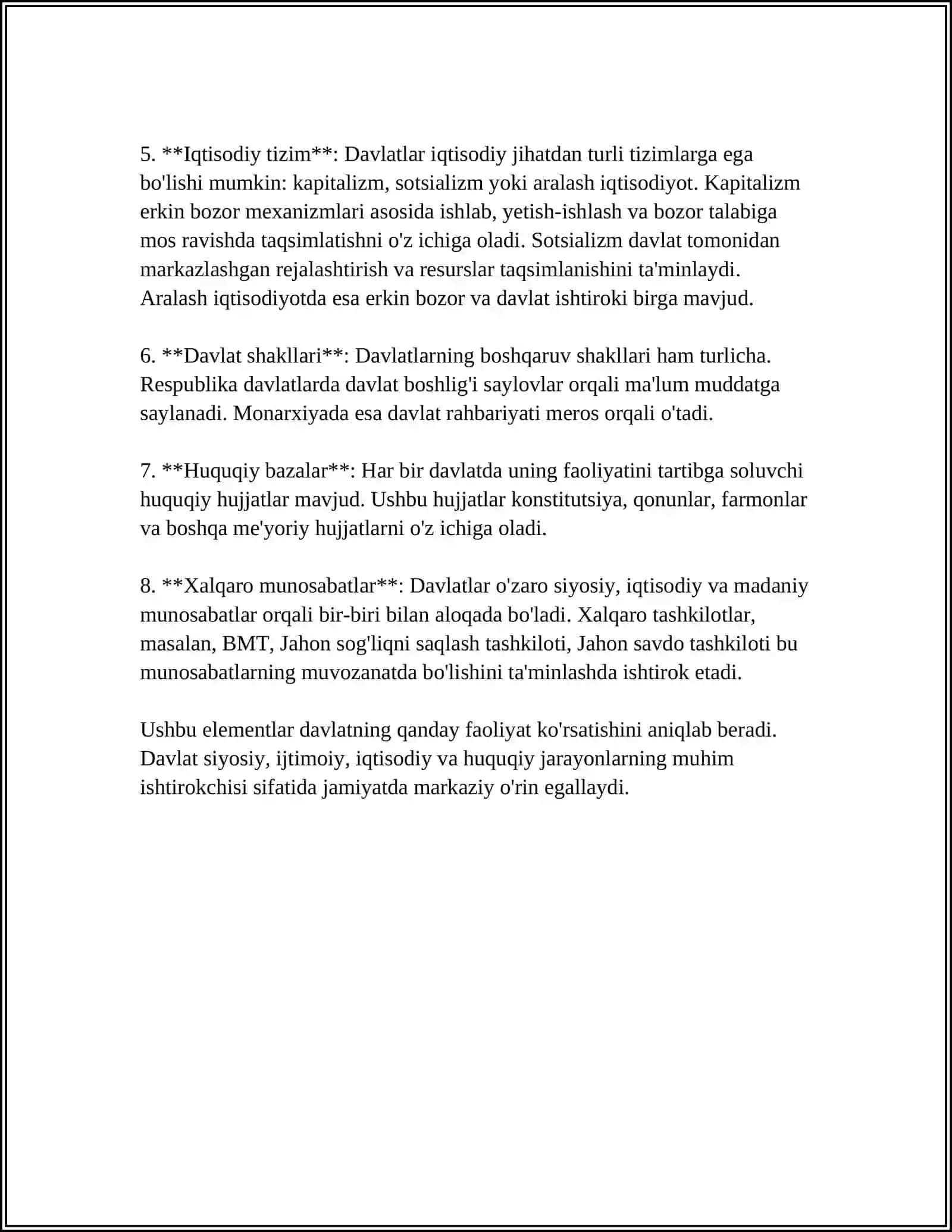 MUSTAQIL ISH Mavzu: DAVLAT TUSHUNCHASI,BELGILARI, MOHIYATI VA TIPLARI 4
