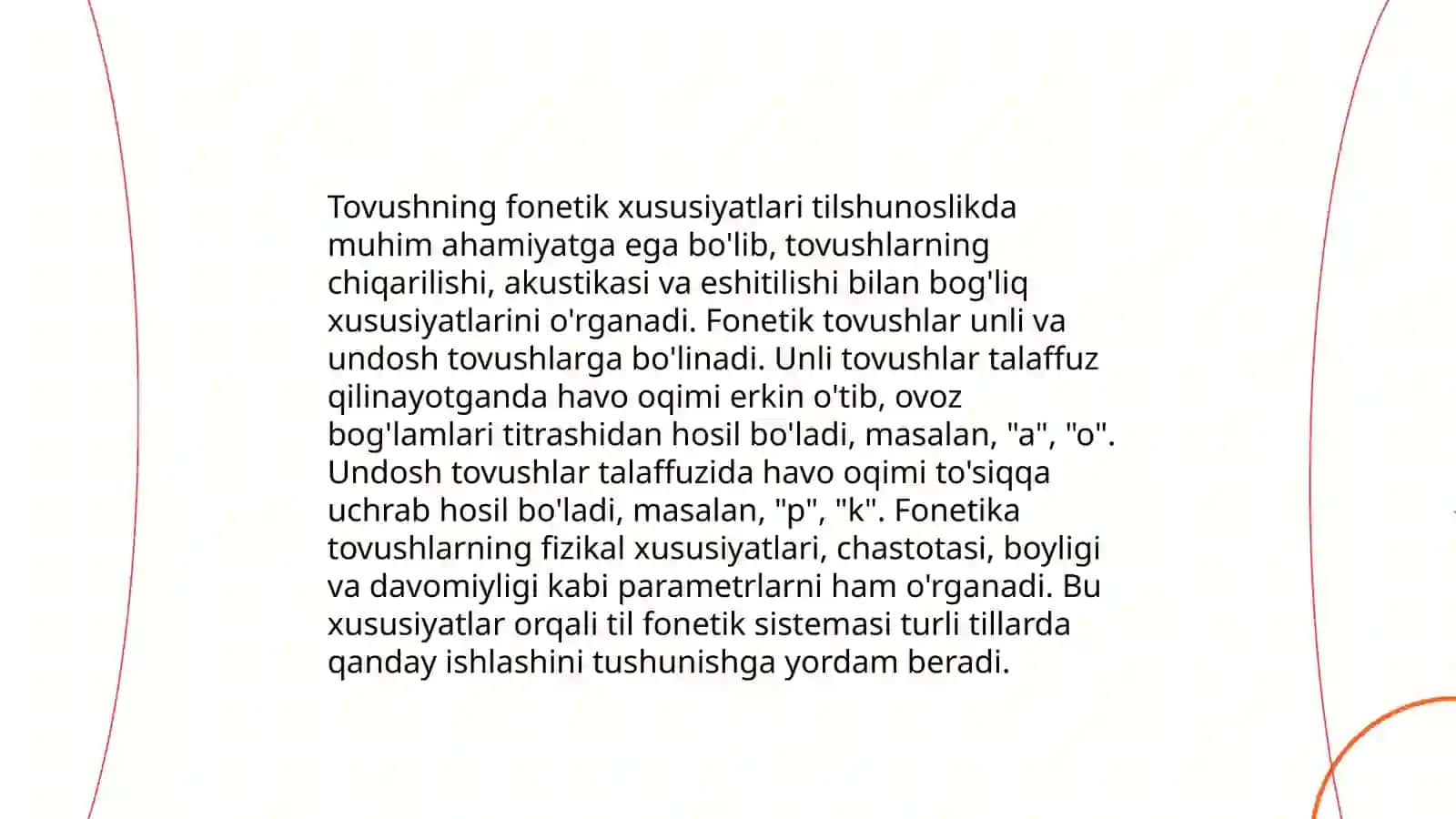 Nutqning fonetik bólinishi:jumla,takt,sóz,bóg'in,tovush.Bóg'in tuzilishi.Uning turlari 4