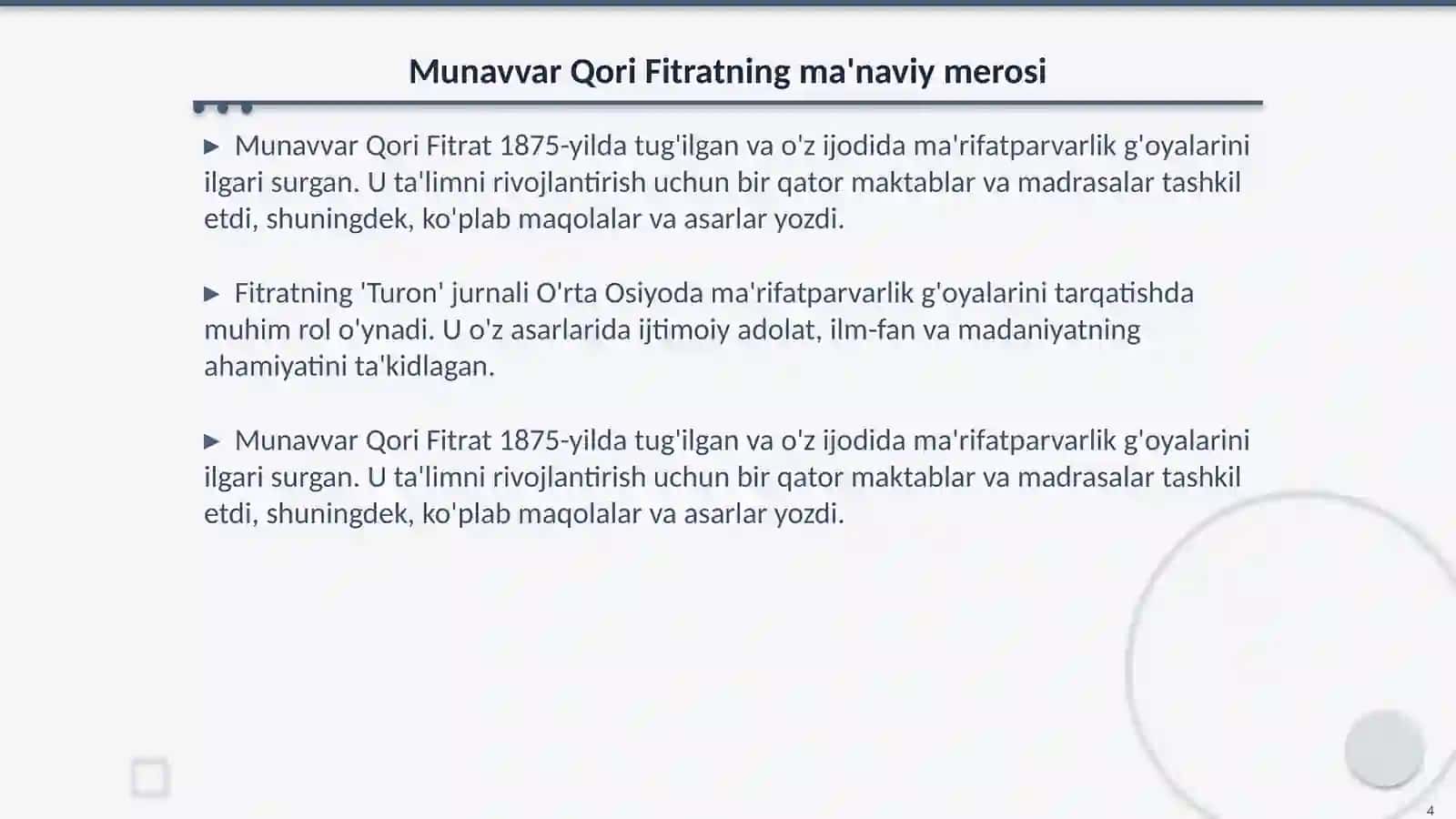 Jadid marifatparvarlarining òlka ijtimoiy -ma'naviy hayotida tutgan òrni (Munavvar Qori Fitrat Behbudiy,Avloniy va boshqalar) 4