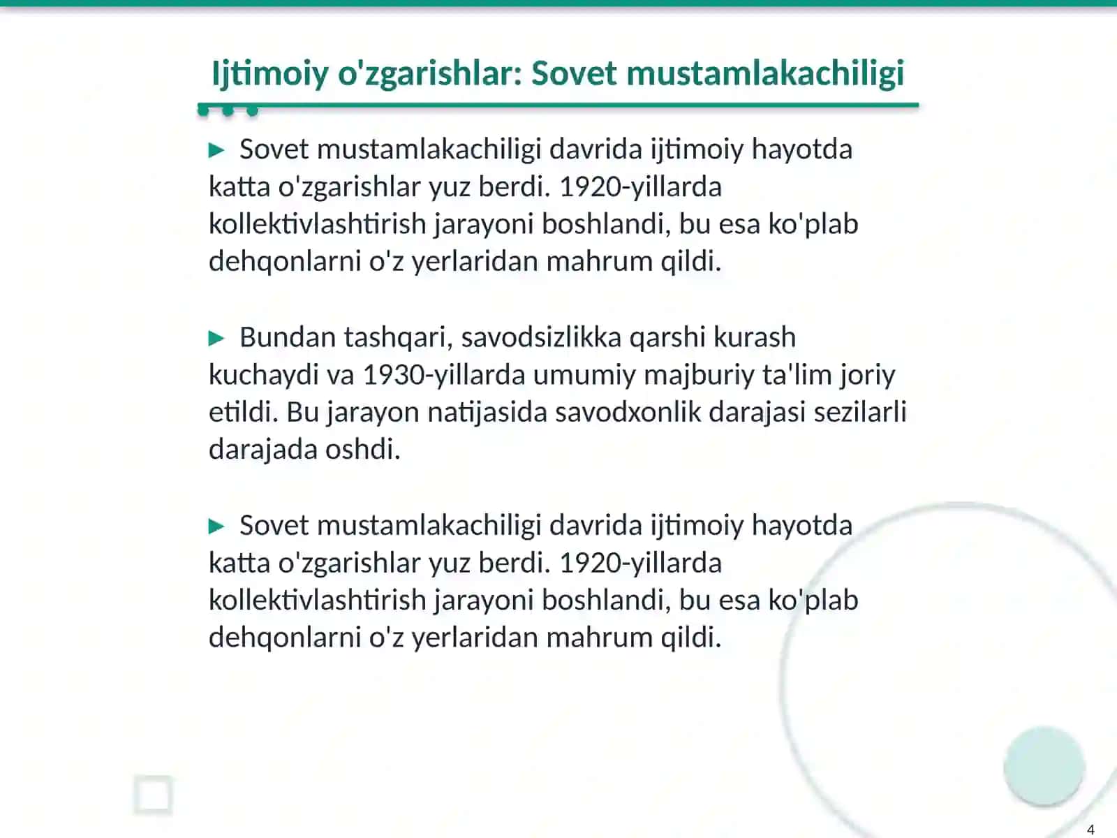 O'zbekistonning ijtimoiy-iqtisodiy ahvoli: "Istibdoddan- Istiqlolgacha" Tohirjonova Oydin 4