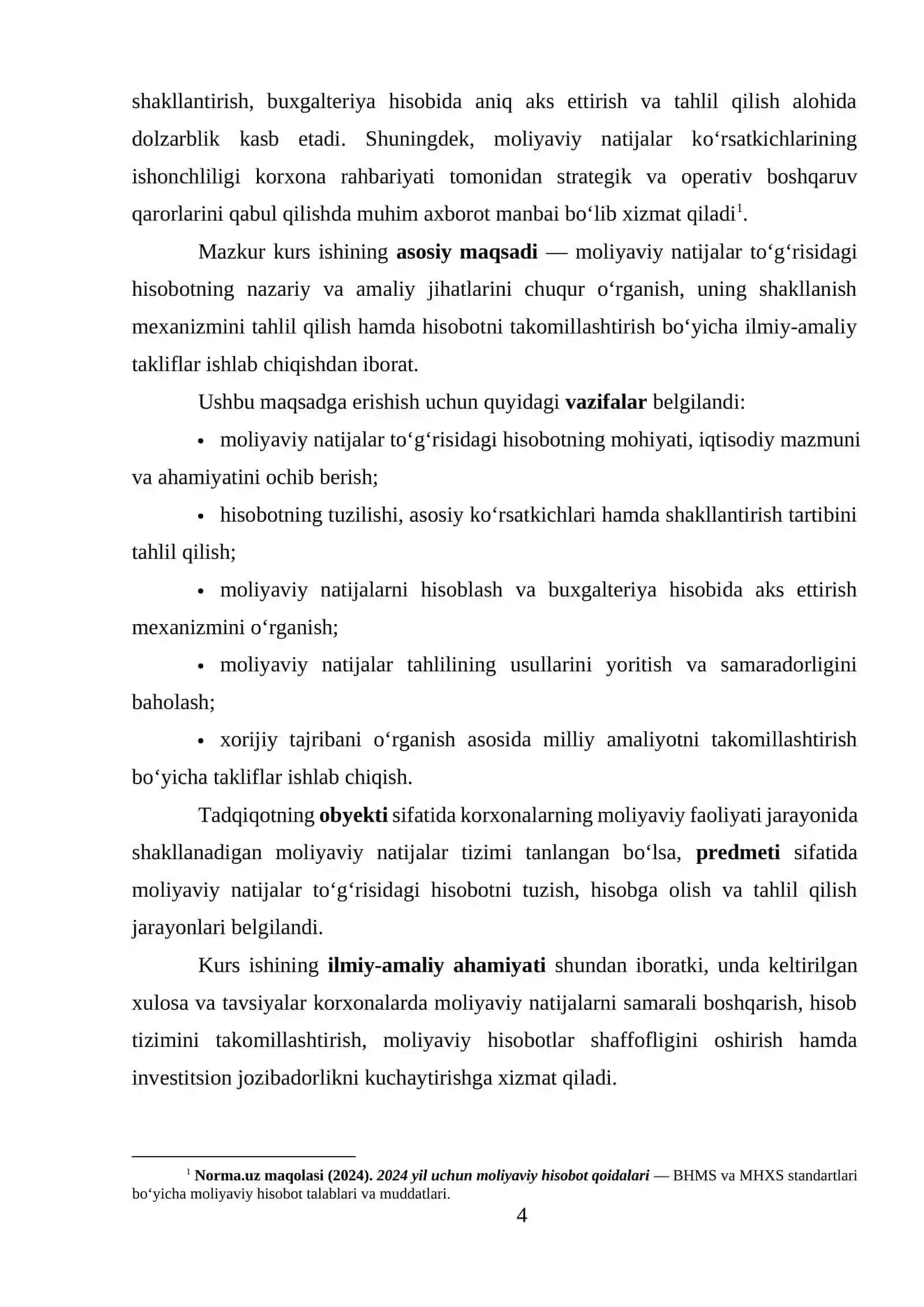 Moliyaviy natijalar to'g'risidagi hisobot KURS ISHI 4